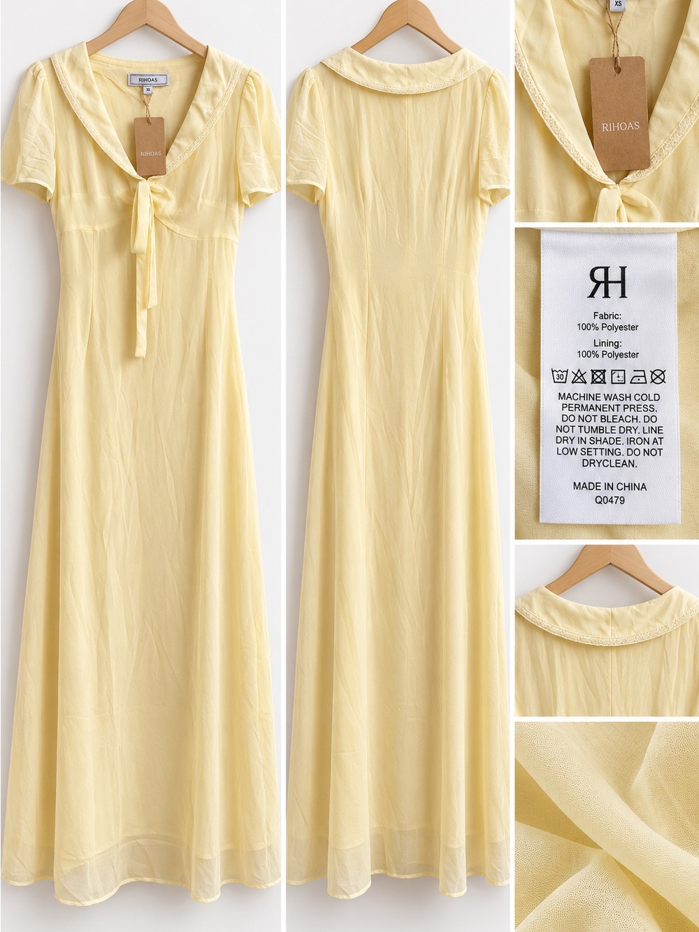 RIHOAS Soft Yellow Tie-Neck Maxi Dress